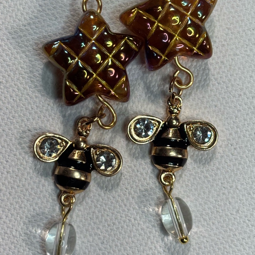 Gold Bee Drop Earrings with Iridescent Star Accents